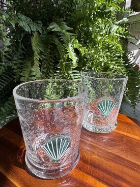 Set of 2 Handblown Lowball Glasses, Coastal Decor, Blue Shell Design